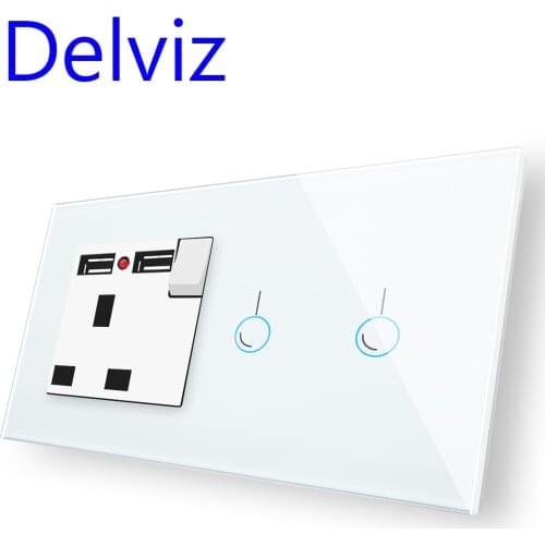 Delviz Wall Touch Light Switch, Crystal Glass Panel, 2 Gang 1 Way, With led backlight power switch, UK standard 13A USB Socket