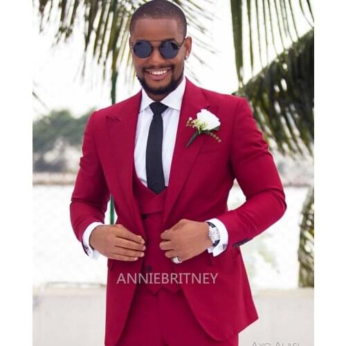 Newest Design Men Suit Red Peak Lapel Bridegroom Best Man Evening Tuxedo 3 Piece(Blazers+Pant+Vest) Custom Made Wedding For Man
