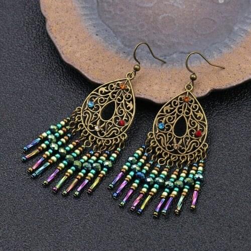 2020 New Boho Stone Beads Indian Earring Jewelry Womens Vintage Hollow Alloy Tassel Dangle Earrings Bijoux