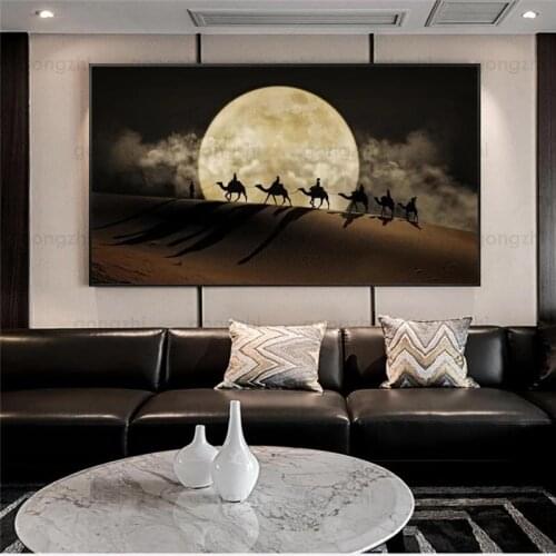 Landscape Canvas Painting Moon Lian Desert Camels High Luxury Bedroom Living Room Cafe Bookstore Wall Hd Printing Decor Poster