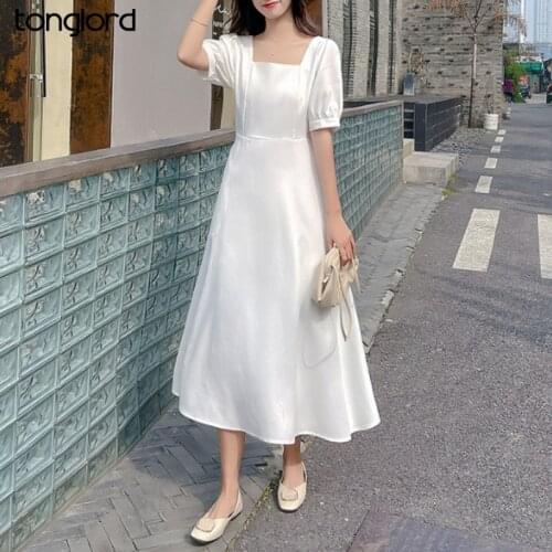 Retro Hepburn Square Collar Elegant Dresses Wommen Summer Short Sleeve Solid Cusual Maxi Dress Female Vestidos Plus Size S-4XL