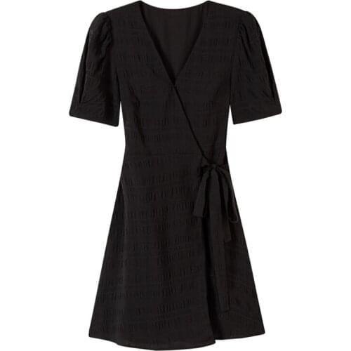 PERHAPS U Summer High Street Sweet Black Chiffon V-Neck Puff Sleeve Lace up Belt A-Line Slim Short Dress D3067