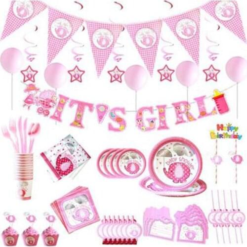 Girl Birthday Party Elephant Tableware Pink Banner Plate Knife Fork Balloon Baby Shower Girl Birthday Party Supplies Vaisselle