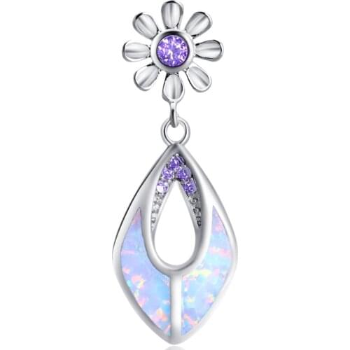 ROLILASON Flower Design purple Crystal White Fire Opal Silver 925 Stamped Necklace Pendants Fashion Jewelry OPS726