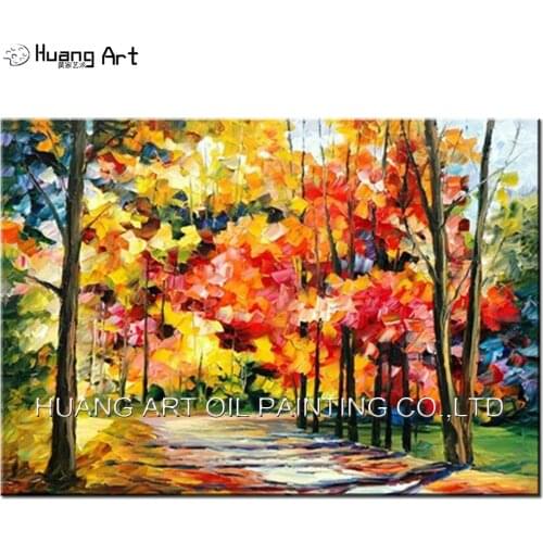 Hand Painted Modern Knife Tree Road Landscape Oil Painting on Canvas Autumn Scenery Painting for Living Room Wall Decor Art