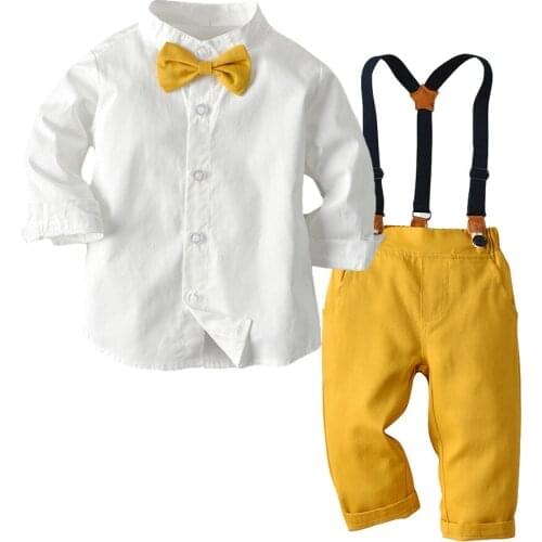 Spring Autumn Kids Boy Gentleman Clothing 2 Piece Set Long Sleeve Shirt Tops+Overalls Clothes Outfit Boy Formal Suit 6M-6T