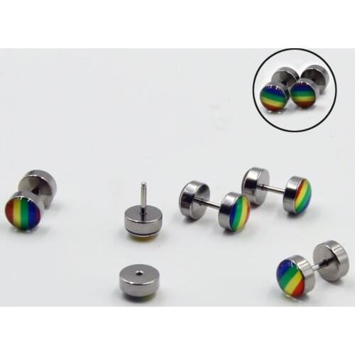 Showlove 2pcs Gay Rainbow Fake Ear Plug Cheater Illusion Earring Body Piercing Jewelry