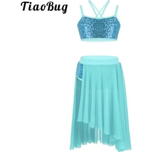 TiaoBug Kids Sequins Straps Crop Top Tulle Ballet Tutu Skirt Dress Set Girls Lyrical Gymnastics Leotard Ballerina Dance Costumes