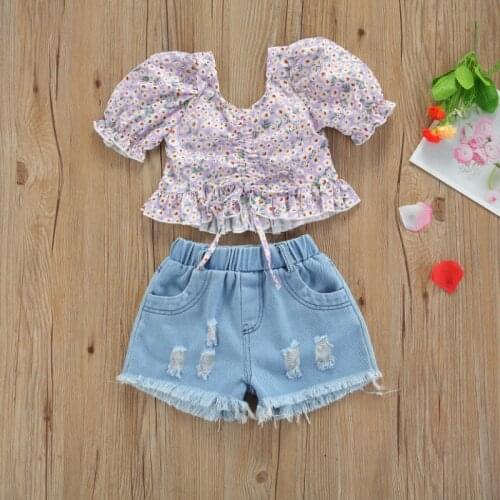 Girl Short Sleeve Tops, Shorts Suit, Floral Lace Up Ruffle Summer Shirt Denim Ripped Shorts