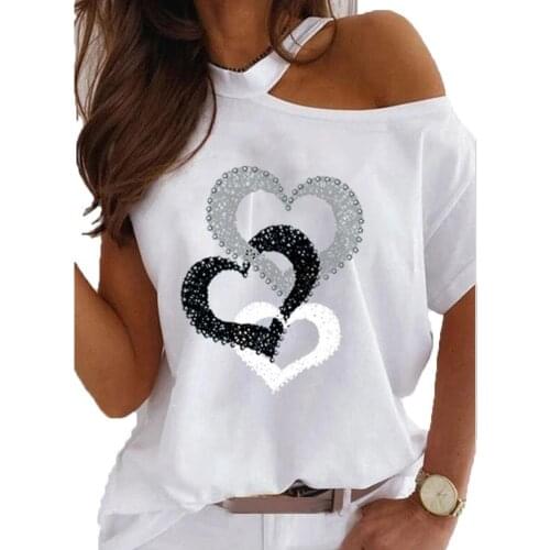 Women Summer Unique T Shirt Side Off Shoulder O Neck Size Plus Top Tee Strapless Streetwear Heart Printed 3D Short Casual S X6R6
