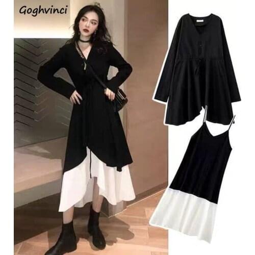 Women 2 Piece Dresses Set Plus Size 4XL Spring Black Asymmetrical Drawstring Blouse Long-sleeve and Suspenders Dress Outwear Ins