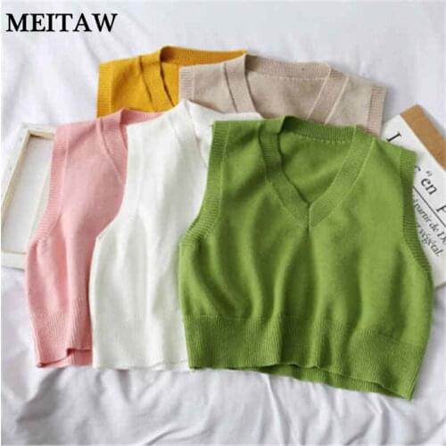 2020 Women Autumn Knitted Sweater Female Korean Loose Office Waistcoat Casual Solid V-Neck Sleeveless Vest Tops