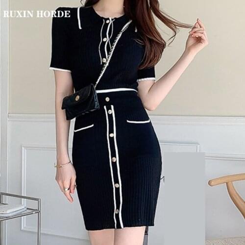 Knitted Sets Elegant Temperament Round Neck Button Short-Sleeved Beautiful Blouse Summer 2021 Girls New Fashion Black Skirt Suit
