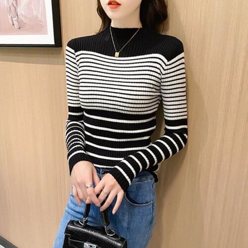 Autumn Winter Jersey Mujer Half High Collar Striped Sweater Women Color Contrast Long Sleeve Pull Femme Slim Knitted Pullover