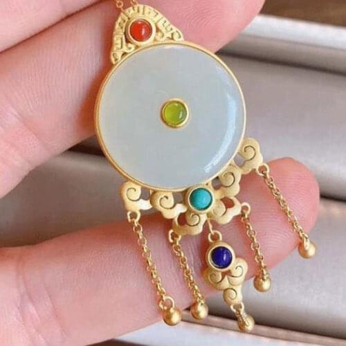 S925 Sterling Silver Vintage Inlaid Natural Hetian Jade White Jade Peace Buckle Jasper Tassel Female Ornament