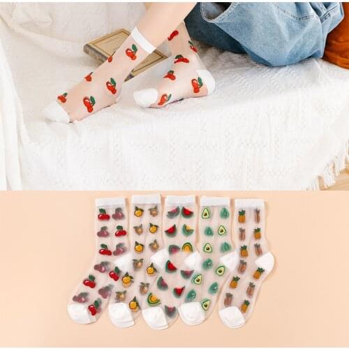 1 Pair Girls Cute Cartoon Fruits Sheer Kawaii Lady Women Summer Fall Avocado Lemon Pineapple Cherry Jacquard Socks