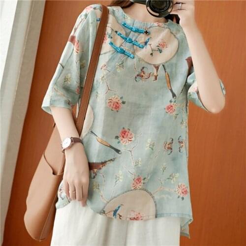 2021 Summer New Plus Size Women Clothing Five-Point Sleeve Retro Disc Button Light And Thin Printed Cotton And Linen Shirt Top