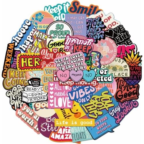 50pcs English Phrases small fresh Stickers Waterproof Sunscreen PVC Graffiti Stickers for DIY Laptop Luggage Bike Toy Stickers