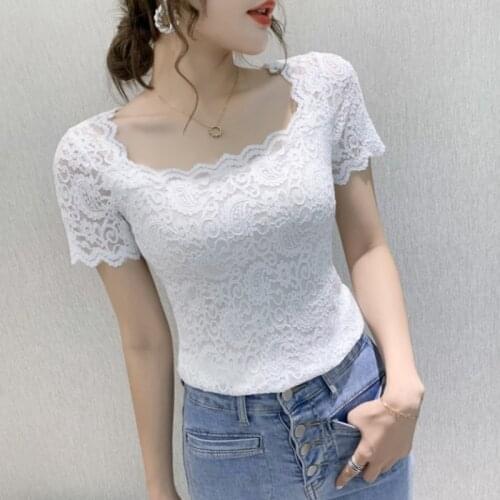 #6081 Summer Lace T Shirt Women Square Collar Sexy Short T Shirt Female Short Sleeves Thin See Through T Shirt Femme Hollow Out