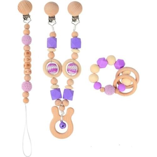 3 Pcs/Set Baby Stroller Pendant Pacifier Chain Pram Clip Infants Wooden Teether Bracelet Rattle Newborn Nursing Chewing Toys