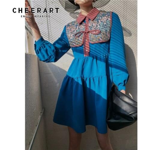 CHEERART 2021 Fashion Blue Vintage Mini Dress Women Lantern Sleeve Collar A Line Ladies Dress Long Sleeve Designer Clothing
