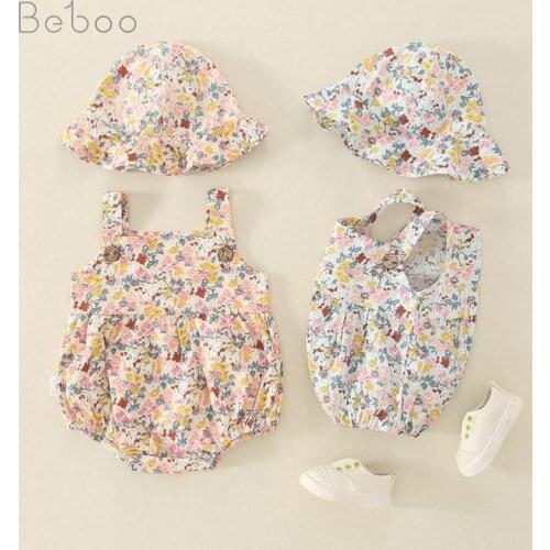 Ins Korean Baby Bodysuit + hat Girls Floral Climbing Clothing Pure Cotton Thin Jumpsuit Babies Clothes 0-24m Infant clothing