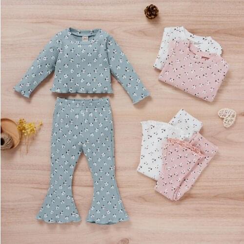 2 Pieces Kids Suit Set Toddler Floral Print Round Neck Long Sleeve Blouse+ Flared Pants for Girls 6 Months-4 Years