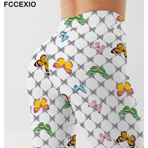 FCCEXIO Checkerboard Color Butterfly 3D Print Women High Waist Workout Pant Plus Size Fitness Slim Soft Stretch Sexy Leggings