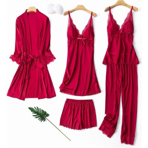 5PCS Women Rayon Pajamas Sets Sexy Strap Top Nightdress&Shorts Pyjamas Bride Kimono Bathrobe Summer Casual Home Wear Sleepwear