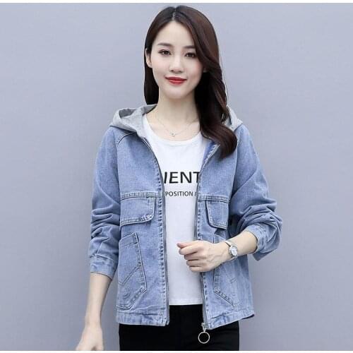 2021 New Hooded Denim Jacket Women Spring Autumn Plus Size 5XL Loose Cowboy Coat Lady Zipper Embroidered Denim Jeans Female A206
