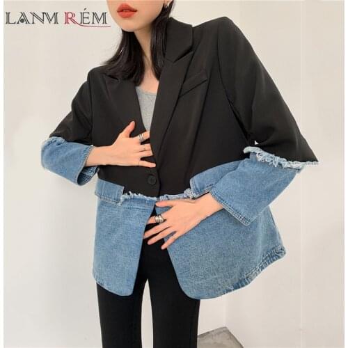 LANMREM 2021 Autumn Loose Turn-down Collar Fashion Single-breasted All-match Denim Patchwork Coat For Women Fashion Tide 2A1757