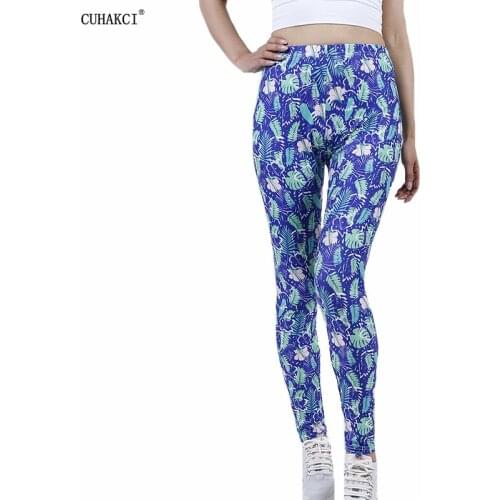 CUHAKCI Summer Style Fitness Women Leggings Leaves Printed Leggings Slim Workout Leggins Ankel Length Elastic Pants DropShip