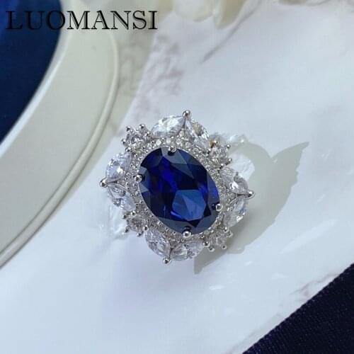 Luomansi 8*12 Blue Corundum Sapphire High Carbon Diamond Female Ring Ring 100% S925 Sterling Silver Vintage High Jewelry