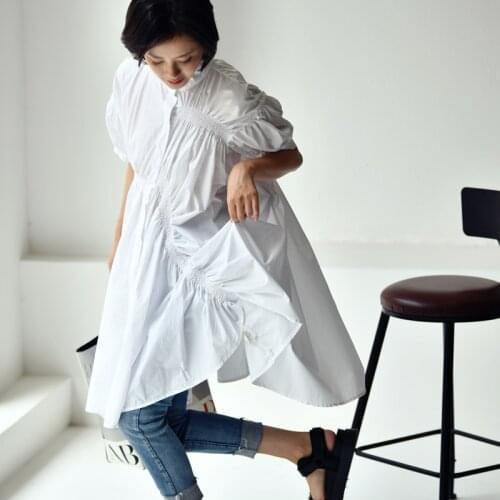 MICOCO C3219 Korean version of small stand collar asymmetric pinch pleat long pure cotton shirtlady