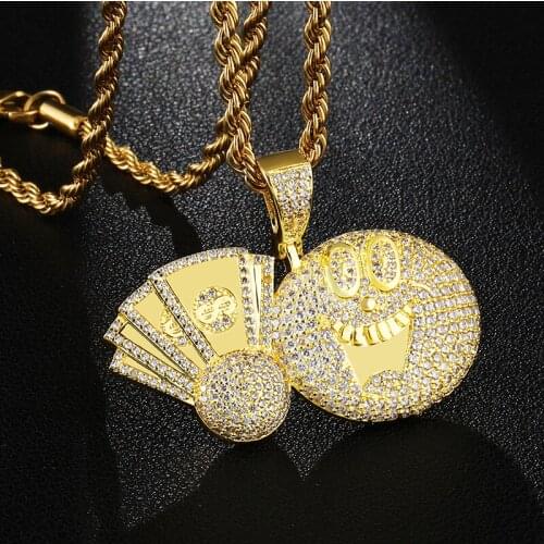 D&Z Hip Hop Fashion Micro Paved CZ Canary Face with Playing Cards Pendant Necklace For Men Rock Jewelry