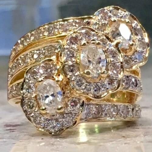 Fashion Gold Color Flower Ring Micro Paved Rhinestones Rugged Rings For Women Ladies Wedding Party Luxury Jewelry Gift B4M931