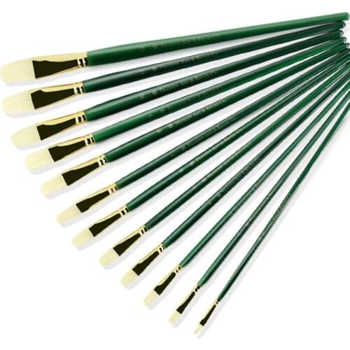 6pcs Green Long pole Handle Art Paint Brush Brush Set With oval shape pig Bristles Hair handmade pen oil brush acrylic paint art