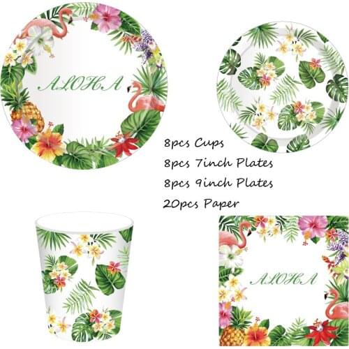 Omilut Tropical Hawaii Luau Party Flamingo Disposable Tableware Set Tropical Palm leaf Summer Party Disposable Plates/Cups/Paper