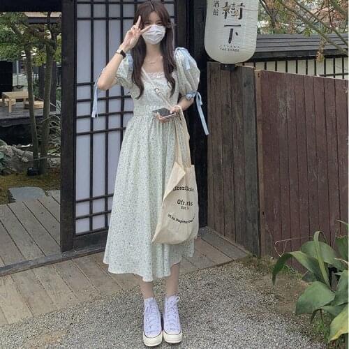 2021 Summer New Floral Dress First Love Dress Retro Gentle and Sweet Square Neck Puff Sleeve Long Temperament Forest Long Skirt