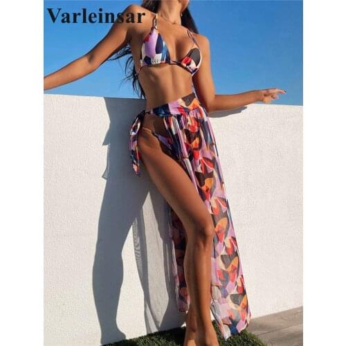 New Cube Printed Halter Bikini Female Swimsuit Women Swimwear Three-pieces Bikini set With Sarong Bather Bathing Suit Swim V2804