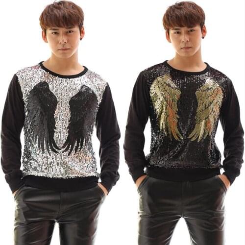 Punk slim sexy wing sequins shirt men long sleeve shirt paillette shirt mens performance wear stage singer dance fashion