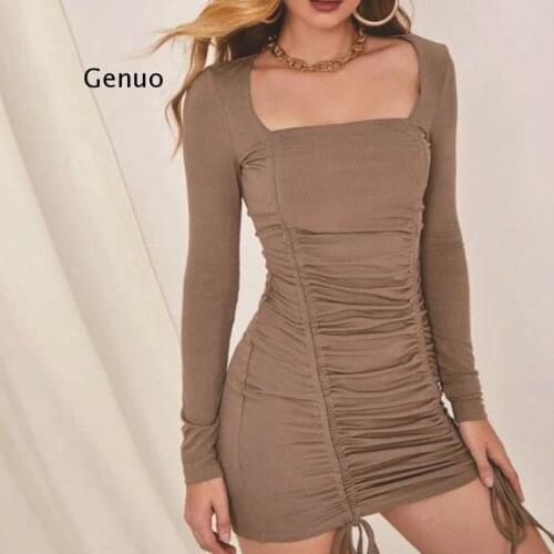 Ribbed Drawstring Ruched Mini Dress Women Long Sleeve Bodycon Sexy Streetwear Autumn Winter Party Elegant Solid