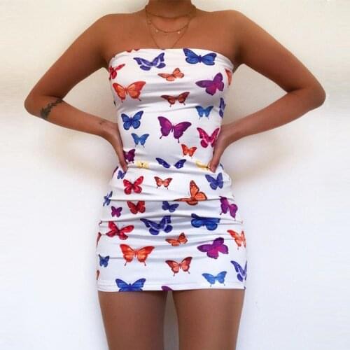 Butterfly Print Strapless Women Party Dress Sexy Hot Clubwear Bodycon Skinny Wrap Chest Mini Dresses Fashion Slim Dress