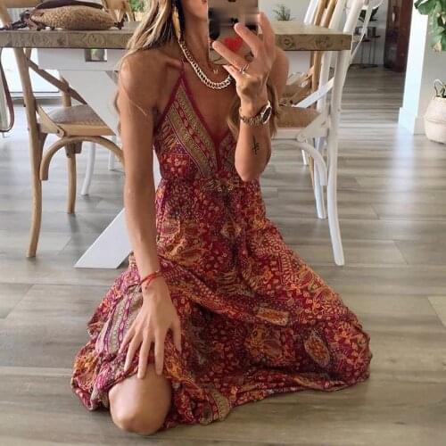 Women Dress Boho Vintage Sundress Maxi Floral Print Sleeveless Deep V-Neck Loose High Waist Summer Beach Clothes