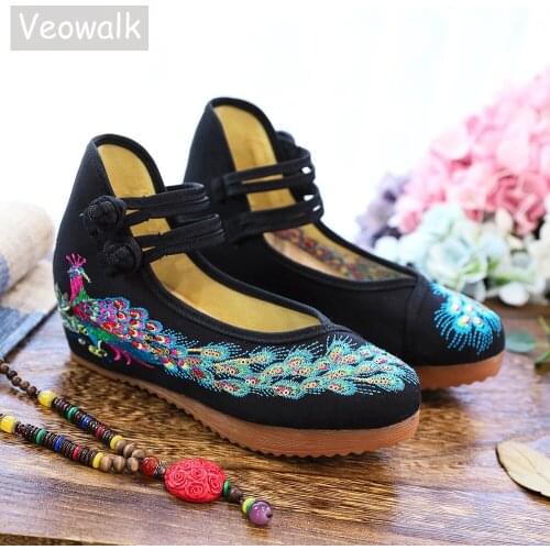 Veowalk Women Canvas Hidden Platform Shoes Woman Peacock Sequins Embroidered Ladies Casual Ankle Strap Comfortable Platforms
