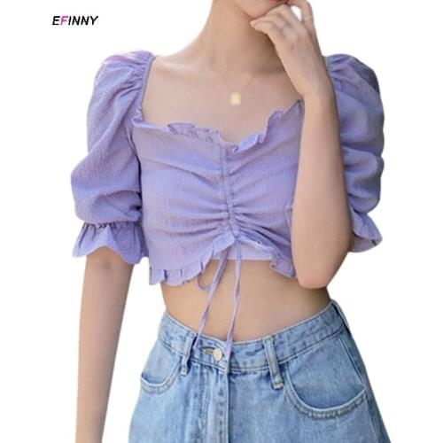 Women Sexy Sweet Square Collar Blouses Shirts Half Sleeve Ruffle Short Blouse Solid Color Drawstring Crop Tops