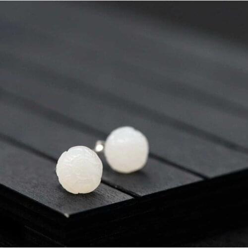 FNJ 925 Silver Stud Earrings for Women Jewelry New Fine 100% Pure S925 Sterling Silver Earring Flower Natural White Hetian Jade