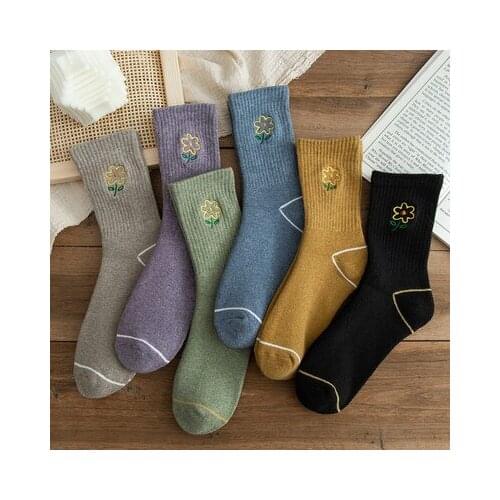 Women Winter Embroidery Flower Middle Tube Thick Warm Female Socks Street Chic Women Girls Casual Accessories Mujer Floral Socks