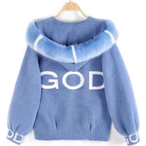 Fall Fur Collar Hooded Imitation Mink Cashmere Jacket Women Korean Fashion Long Sleeve Sweater Cardigan Casual Short Outerwear