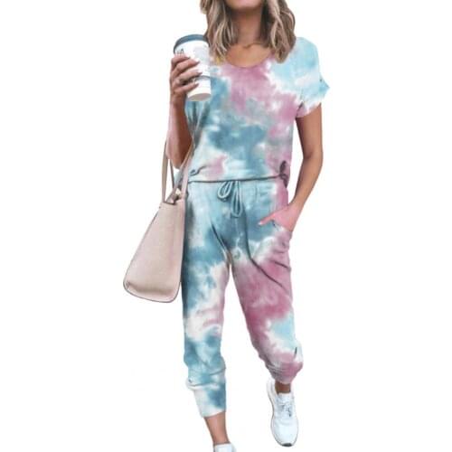 Two piece set women Tracksuit Tie Dye Loose Sports Suit Women Short Sleeve T-shirt Drawstring Pants Outfit Spring/Summer 2021